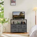 TV Stand, Dresser with 5 Fabric Storage Drawers, Media Console Featuring Open Shelf for TV, Compact Entertainment Unit for Bedroom, Living Space, or Dorm Organization, Grey