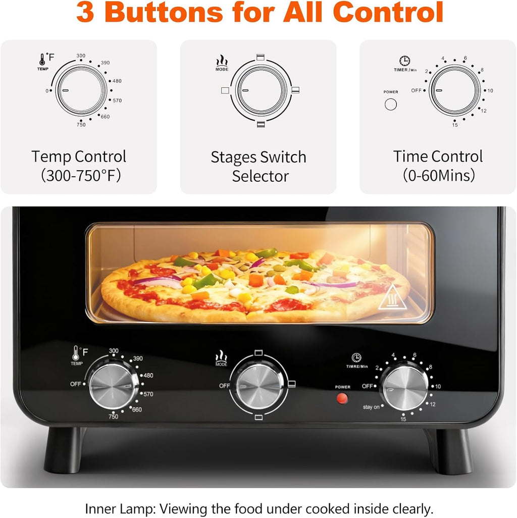 Pizza Oven Indoor, 1600W Electric Pizza Oven Fast Heating, 4 Modes Pizza Maker for 12 Inches, with Pizza Stone & Spatula, Upper-Bottom Independent Heating Temperature Control