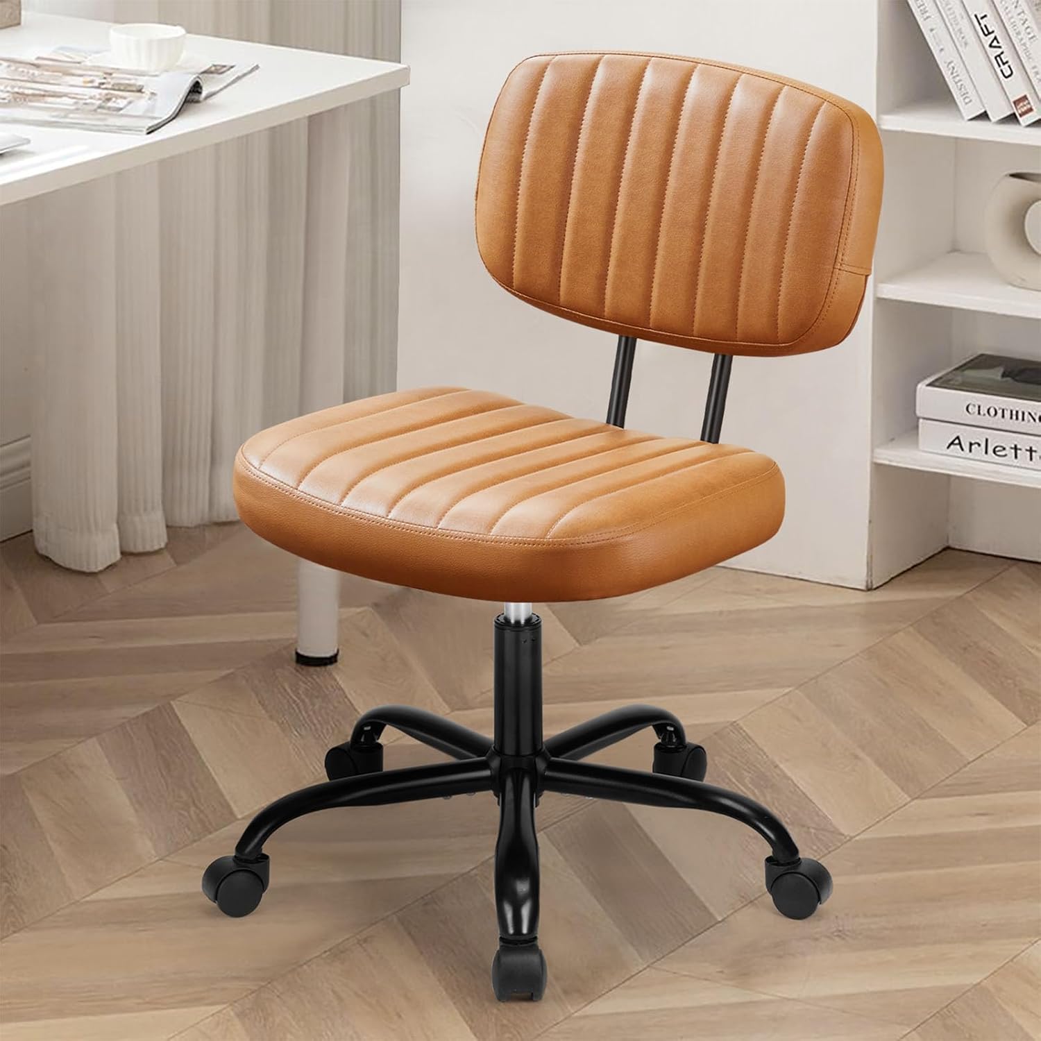 Home Office Desk Chair - Ergonomic Armless PU Leather Computer Rolling Task Chair??with Comfy Lumbar Support and Height Adjustable, Vanity, Bedroom, Pink