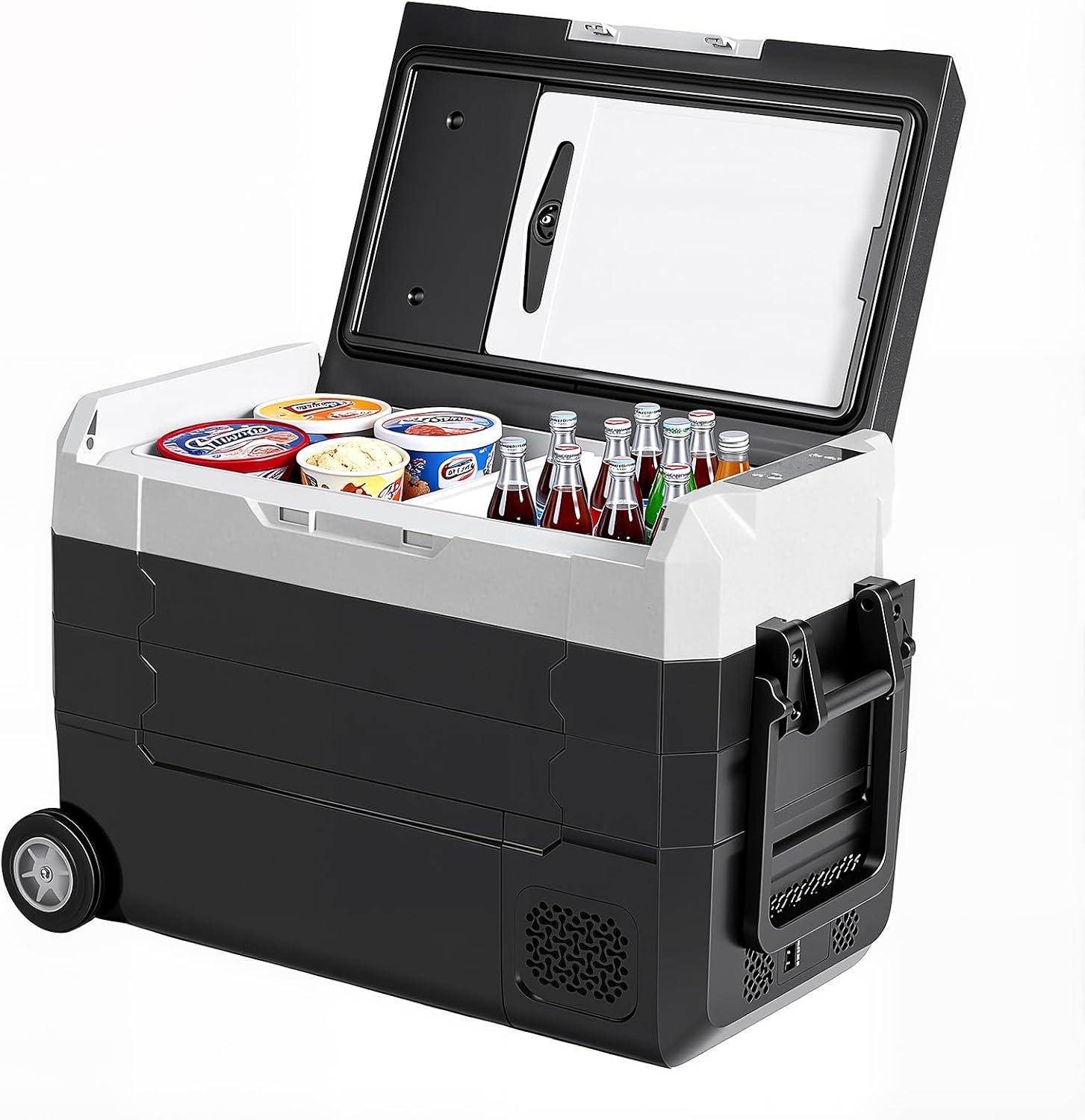 Portable Car Refrigerator, 53QT Dual-Zone Electric Cooler for Vehicles with Wheels & Cutting Board, -4?H-68?H Freezer Smart Control via Bluetooth, Battery Protection, 12/24V DC & 100-240V AC