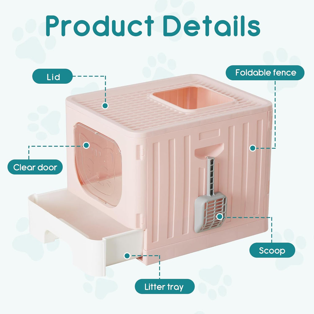 Cat Litter Box with Lid, Large Foldable Cat Box with Litter Scoop, Front Entry Top Exit Kitty Litter Box with Door, Easy Cleaning Drawer Design Odor Control, Pink