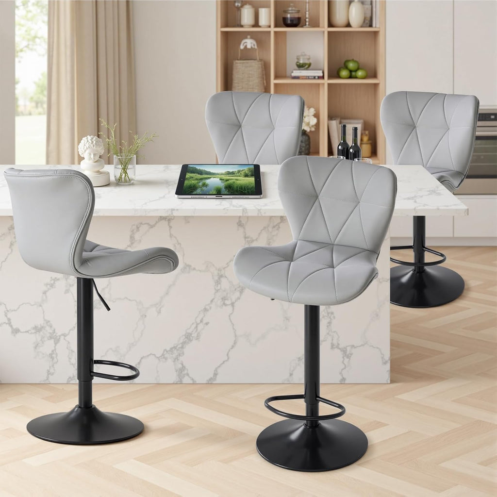 Modern Bar Stools Set of 4, Adjustable Faux Leather Upholstered Swivel Bar Stools, Counter Height Bar Chairs with Back for Kitchen Island, Grey