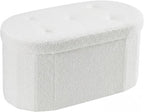 30 Inches Folding Storage Ottoman Bench, Oval Round Ottoman End of Bed Foot Rest Bench Stool with Cushion, Storage Chest for Bedroom, Living Room, Entryway, White