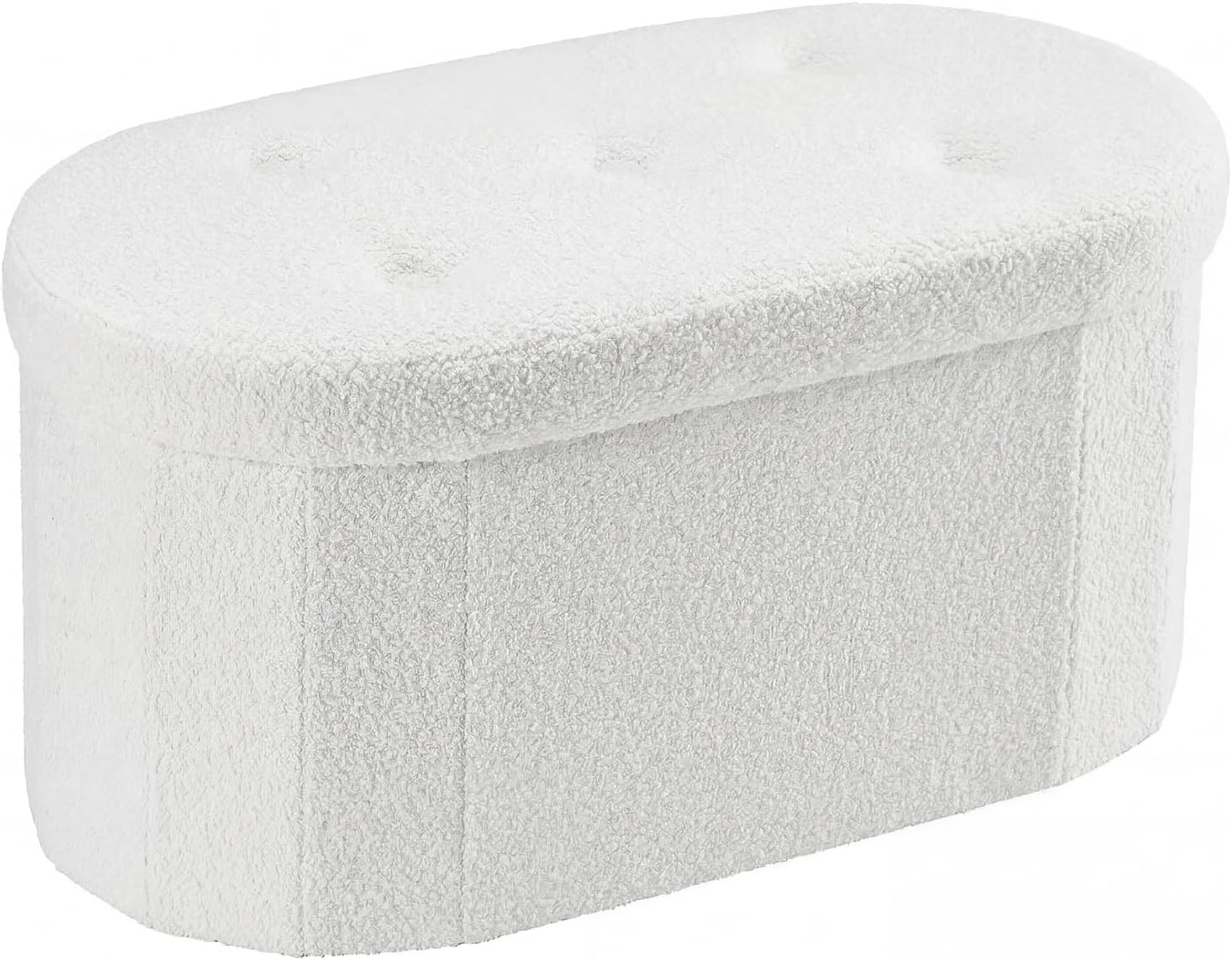 30 Inches Folding Storage Ottoman Bench, Oval Round Ottoman End of Bed Foot Rest Bench Stool with Cushion, Storage Chest for Bedroom, Living Room, Entryway, White