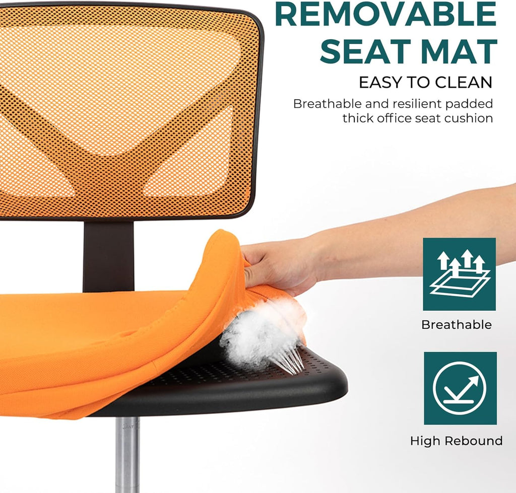 Armless Desk Chairs Set of 2, Ergonomic Adjustable Home Office Swivel Rolling Task Chair No Arms, Comfy Mesh Mid Back Computer Work Vanity Desk Chiars with Wheels for Small Spaces, New Orange