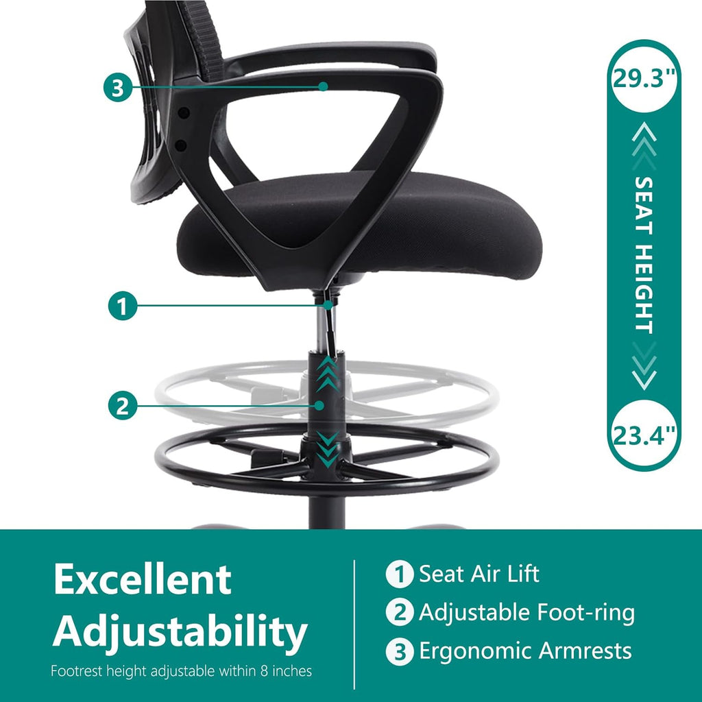 Drafting Chair - Counter Height Adjustable Tall Office Desk Chair with Fixed Armrests and Comfortable Lumbar Support for Standing Desk, Deep Black