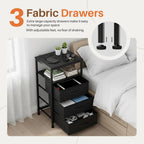 Nightstands Set of 2 with Charging Station, Bedside Table with USB Ports & Type-C, 2 Fabric Drawers Night Stand with Open Shelf, Compact End Table for Bedroom, Rustic Brown