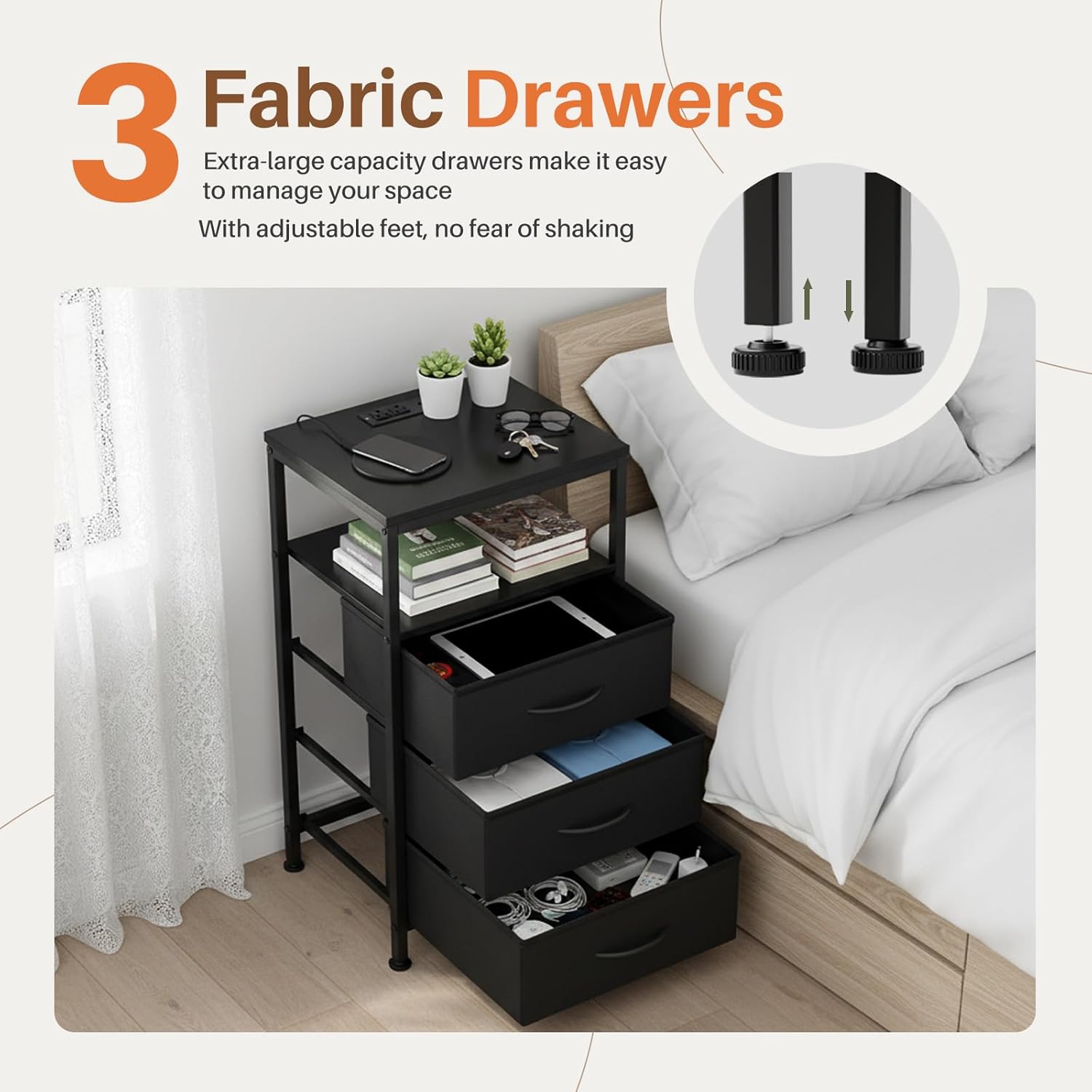 Nightstands Set of 2 with Charging Station, Bedside Table with USB Ports & Type-C, 2 Fabric Drawers Night Stand with Open Shelf, Compact End Table for Bedroom, Rustic Brown