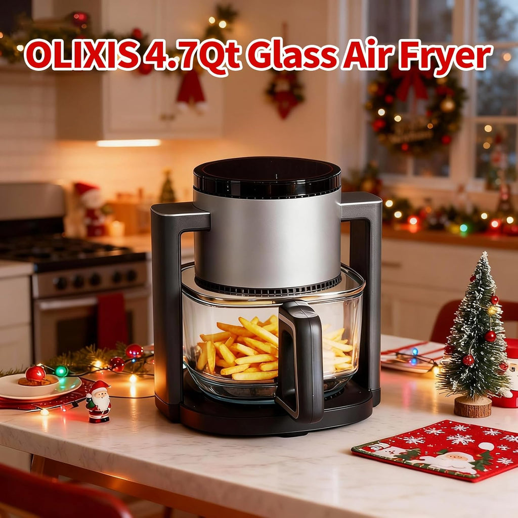 4.7Qt Glass Air Fryer, Non Toxic Air Fryer with 10 Preset Cook Modes, 395??F Rapid Air Crispy Technology, Roast Bake Dehydrate Reheat, Nonstick & Easy-Clean Basket, 1300W