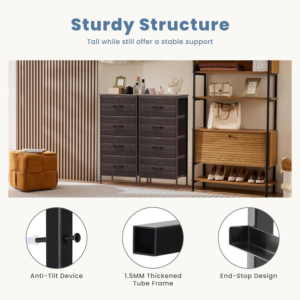 Nightstand with 4 Drawers Bedside Table with Removable Fabric Bins Sturdy Steel Frame Wood Top Organizer Furniture for Bedroom Closet Living Room,Black Wood Grain