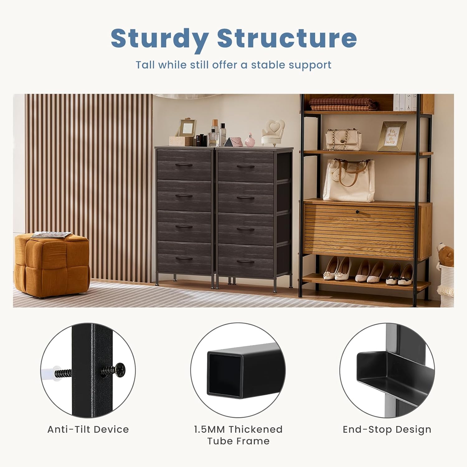 Nightstand with 4 Drawers Bedside Table with Removable Fabric Bins Sturdy Steel Frame Wood Top Organizer Furniture for Bedroom Closet Living Room,Black Wood Grain