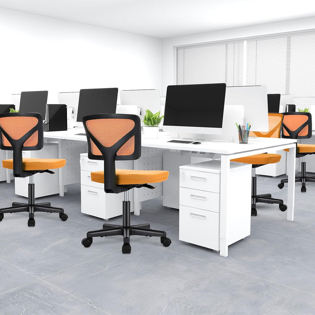 Armless Desk Chairs Set of 2, Ergonomic Adjustable Home Office Swivel Rolling Task Chair No Arms, Comfy Mesh Mid Back Computer Work Vanity Desk Chiars with Wheels for Small Spaces, New Orange