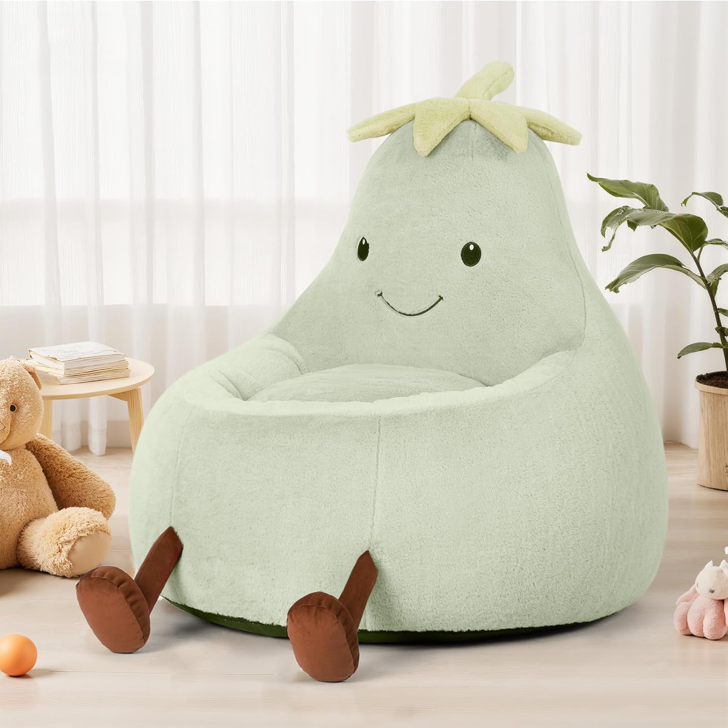 Kids Bean Bag Chair, Stuffed Toddler Couch with Faux Rabbit Fur Cover for Teens & Kids, Comfy Lazy Sofa Chair for Reader, Living Room, Bedroom, Aged 4-12 Years, 31 Inch, Green