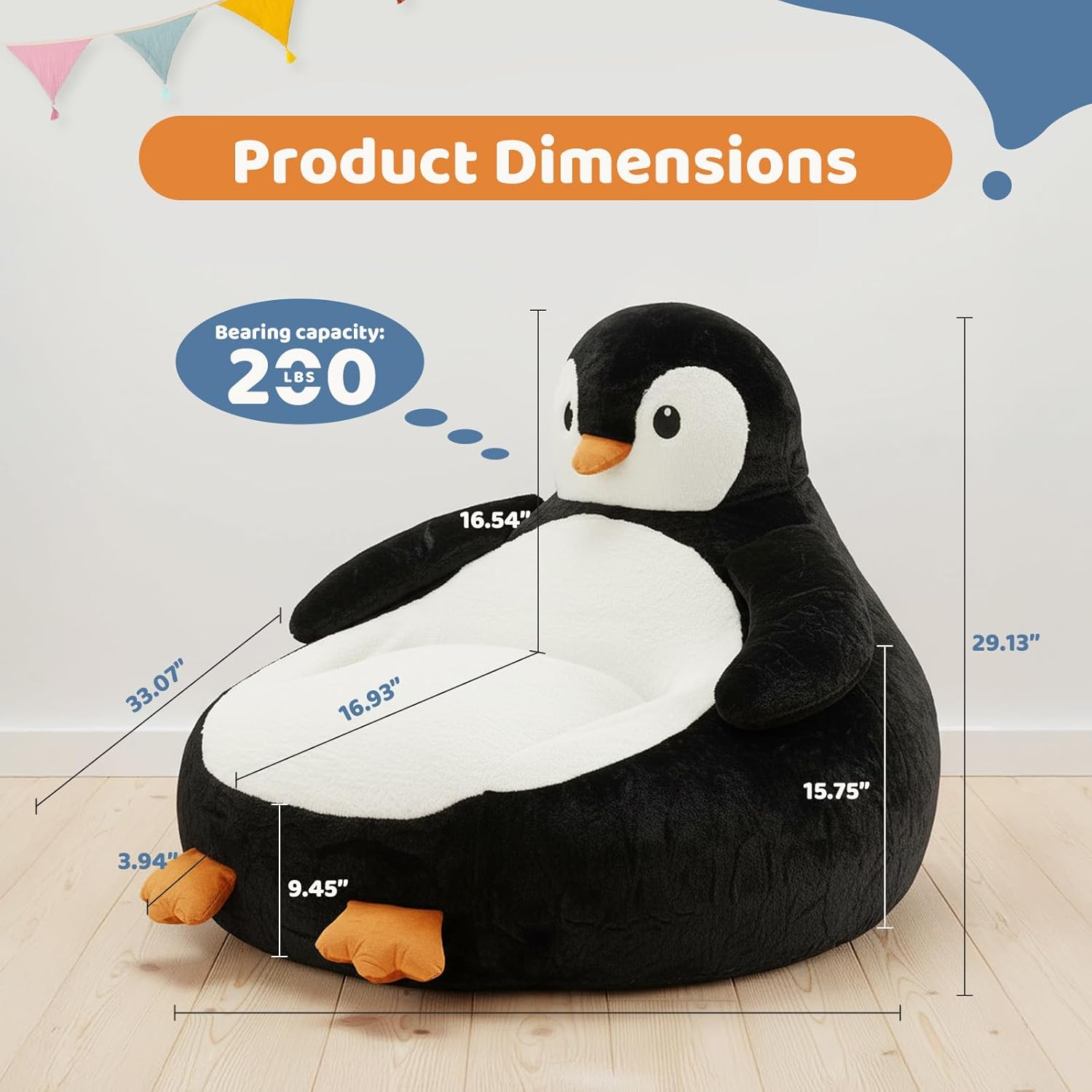 Kids Bean Bag Chair, Stuffed Toddler Couch with Faux Rabbit Fur Cover for Teens & Kids, Comfy Lazy Sofa Chair for Reader, Living Room, Bedroom, Aged 4-12 Years, 34 Inch, Penguin Black White