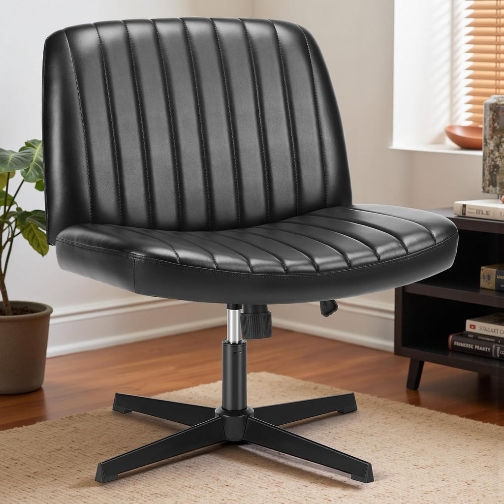 Criss Cross Legged Chair Wide Comfy Home Office Desk Seat, No Wheels Armless Computer Task Seating, Swivel Vanity Chair Height Adjustable for Makeup Bedroom, Leather Black