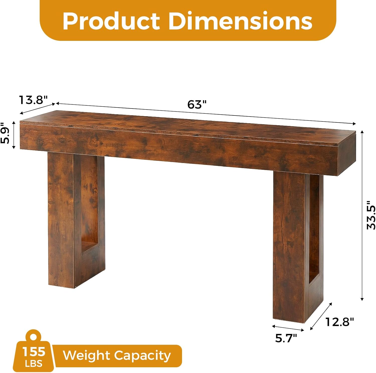 63-Inch Narrow Console Table, Sturdy Wooden Entryway Table with 5.9 Thick Top, Heavy Duty 155lbs Capacity, Space-Saving Sofa Table for Living Room, Hallway, Entrance, Foyer, Brown