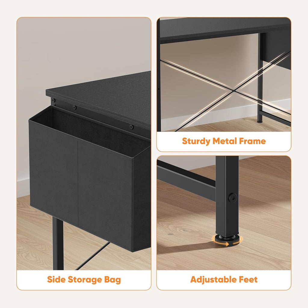 L Shaped Desk Corner Computer Table 47 Inch, L-Shaped Gaming Desks with Storage Shelf Reversible, Wood Tables with Side Bag Adjustable Feet for 2 Monitors Small Space Home Office Bedroom, Black