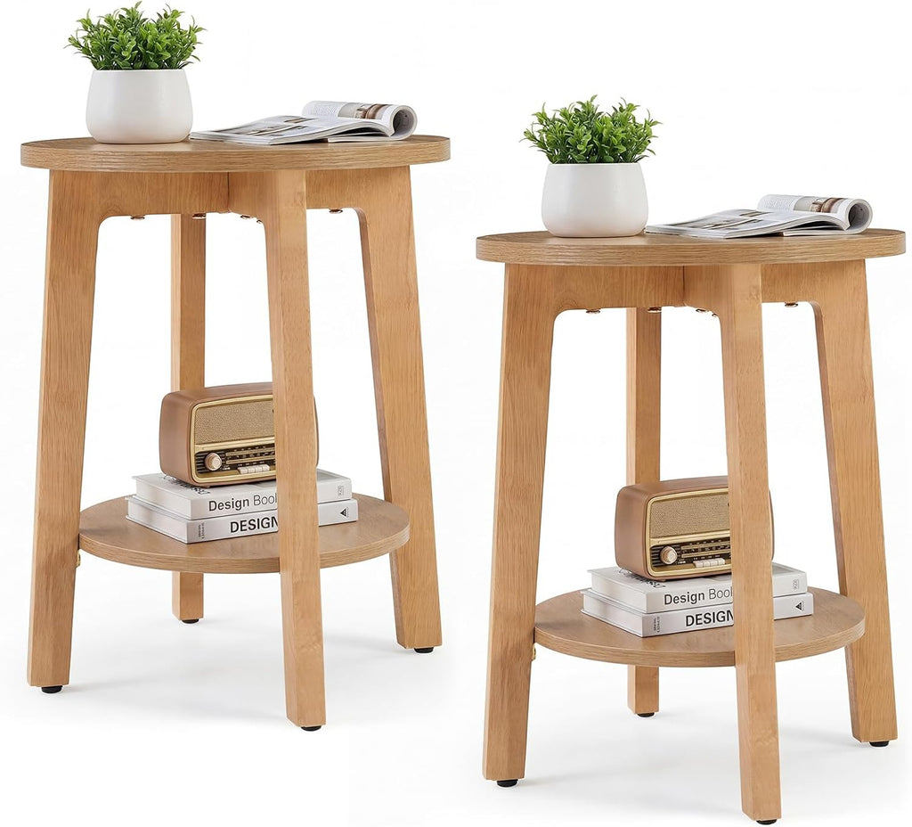 Small Round Side Tables Set of 2 for Living Room, 2-Tier Wood End Tables with Storage Shelf, 220 Lbs, Sturdy Bedside Nightstands with Non-Slip Pads, Easy Assembly, Natural Wood