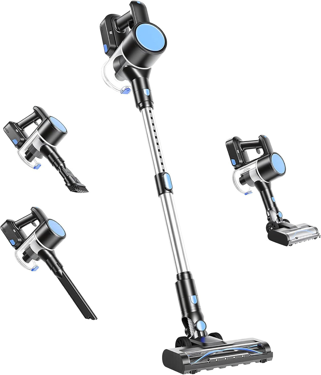 Cordless Vacuum Cleaner with Flexible Steering & Extendable Pole,3 Brush Heads, Lightweight Wireless Rechargeable Upright Vacuum with LED Light & Wall Mount for Hardwood Floors & Carpet
