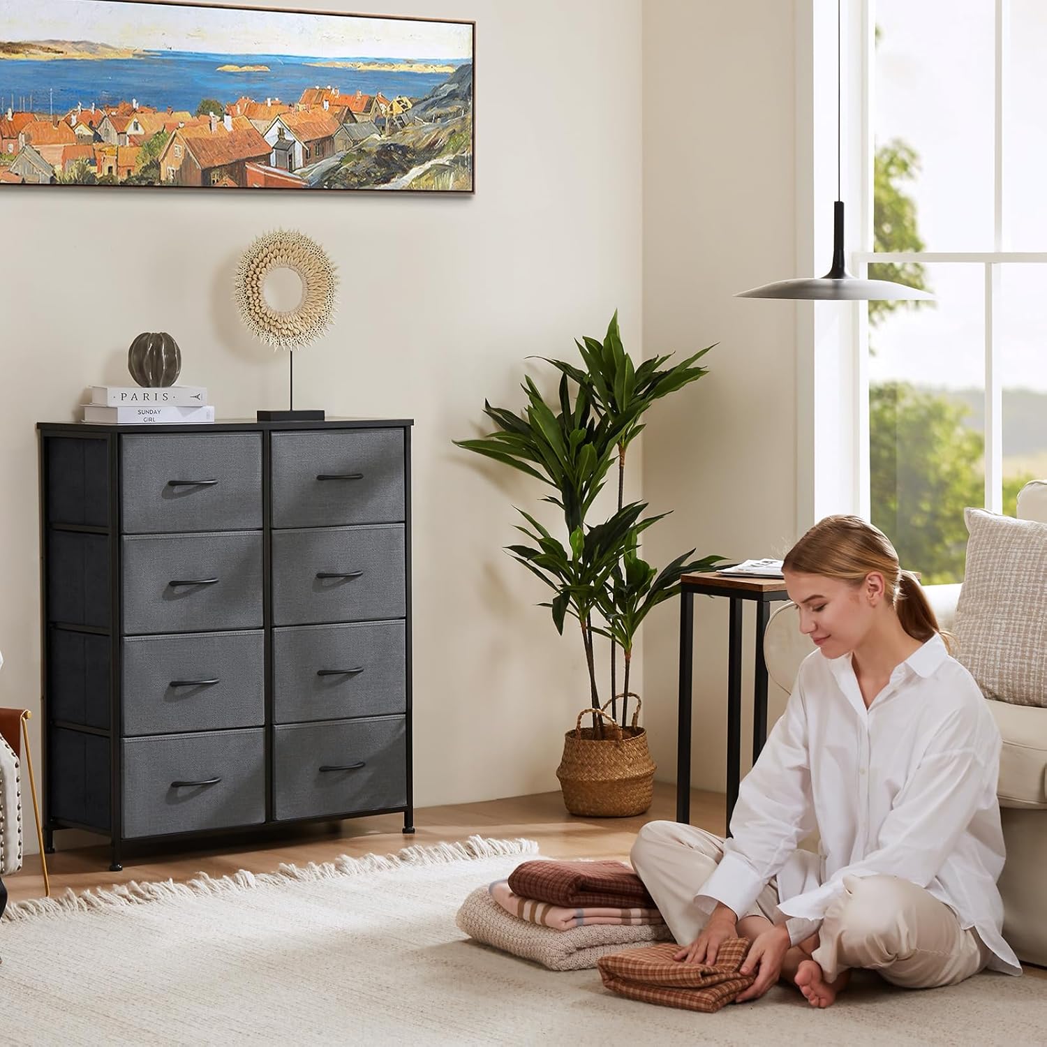 8 Drawer Storage Dresser with Wood Top - Wide Fabric Chest Organizer for Bedroom, Closet, Living Room,Tower Cabinet, TV Stand, Hallway Entryway Furniture,Grey