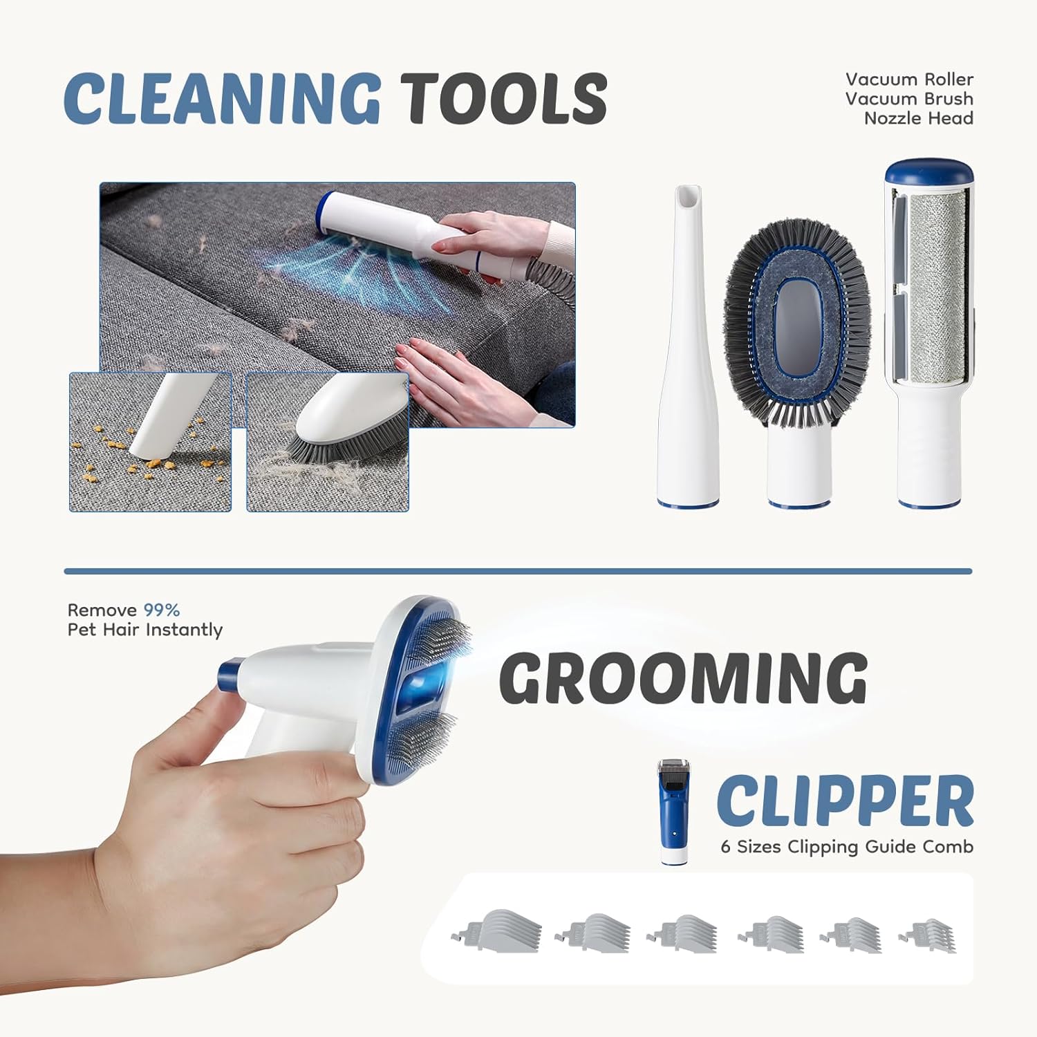 Pet Grooming Vacuum Kit 2.5L, 3 Adjustable Suction Modes Pet Clipper, 5 Professional Grooming Tools with Cordless Low Noise Dog & Cat Hair Clippers, Blue & White