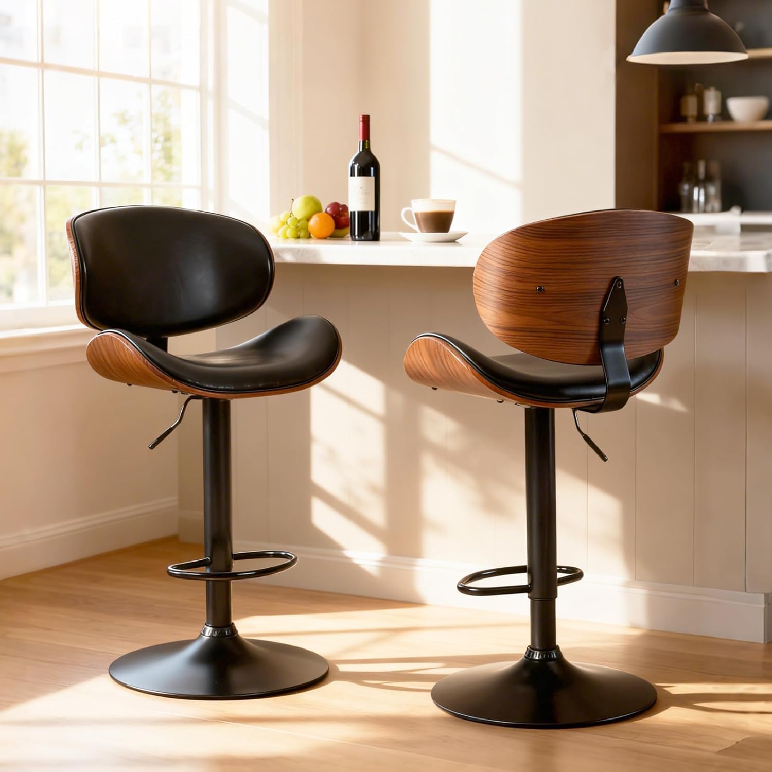 Swivel Bar Stools Set of 2, Adjustable Counter Height Bentwood BarStools, PU Leather Upholstery Bar Chair with Ergonomic Back and Footrest, Counter Stools for Bar, Home Kitchen Island, Brown