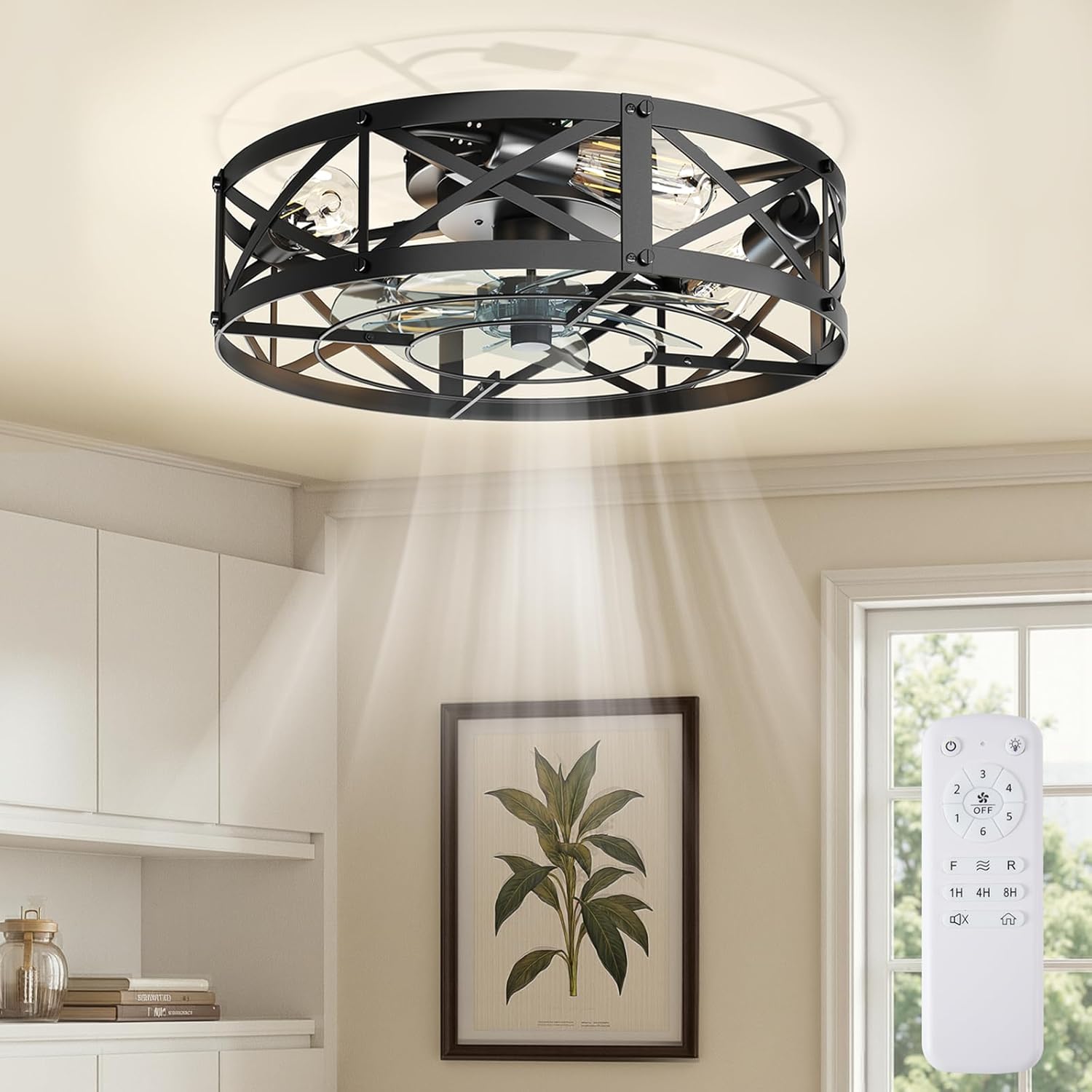 Ceiling Fans with Remote, Farmhouse Ceiling Fan, 22 Inch Low Profile Caged Fandelier, Flush Mount with 6 Wind Speeds, for Bedroom, Kitchen, Living Room, Bulbs Not Included, Black