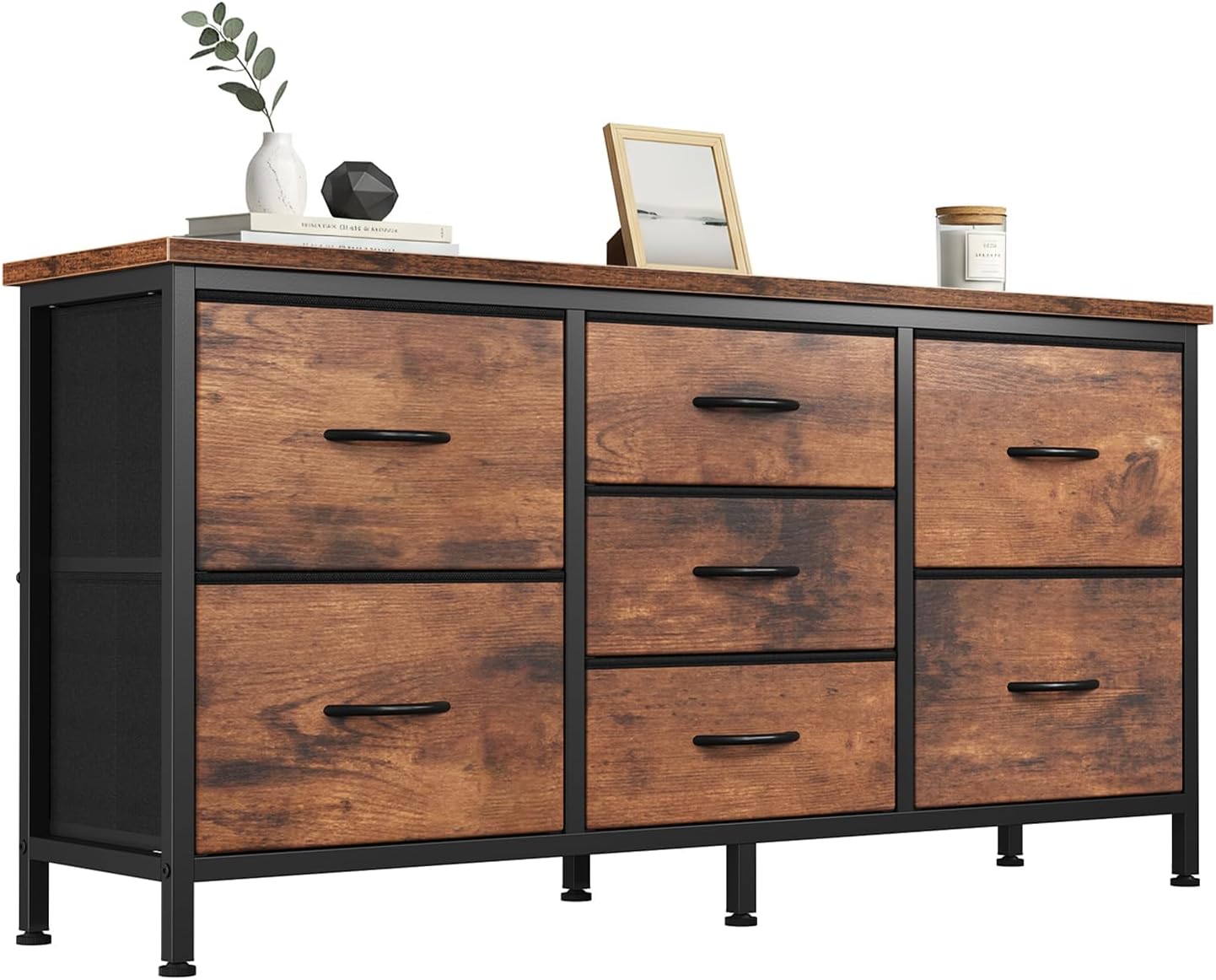 TV Stand 7 Drawer Dresser for Bedroom with Storage TV Stands for Living Room Black, Farmhouse Entertainment Center Media Console Table with Metal Frame Adjustable Feet