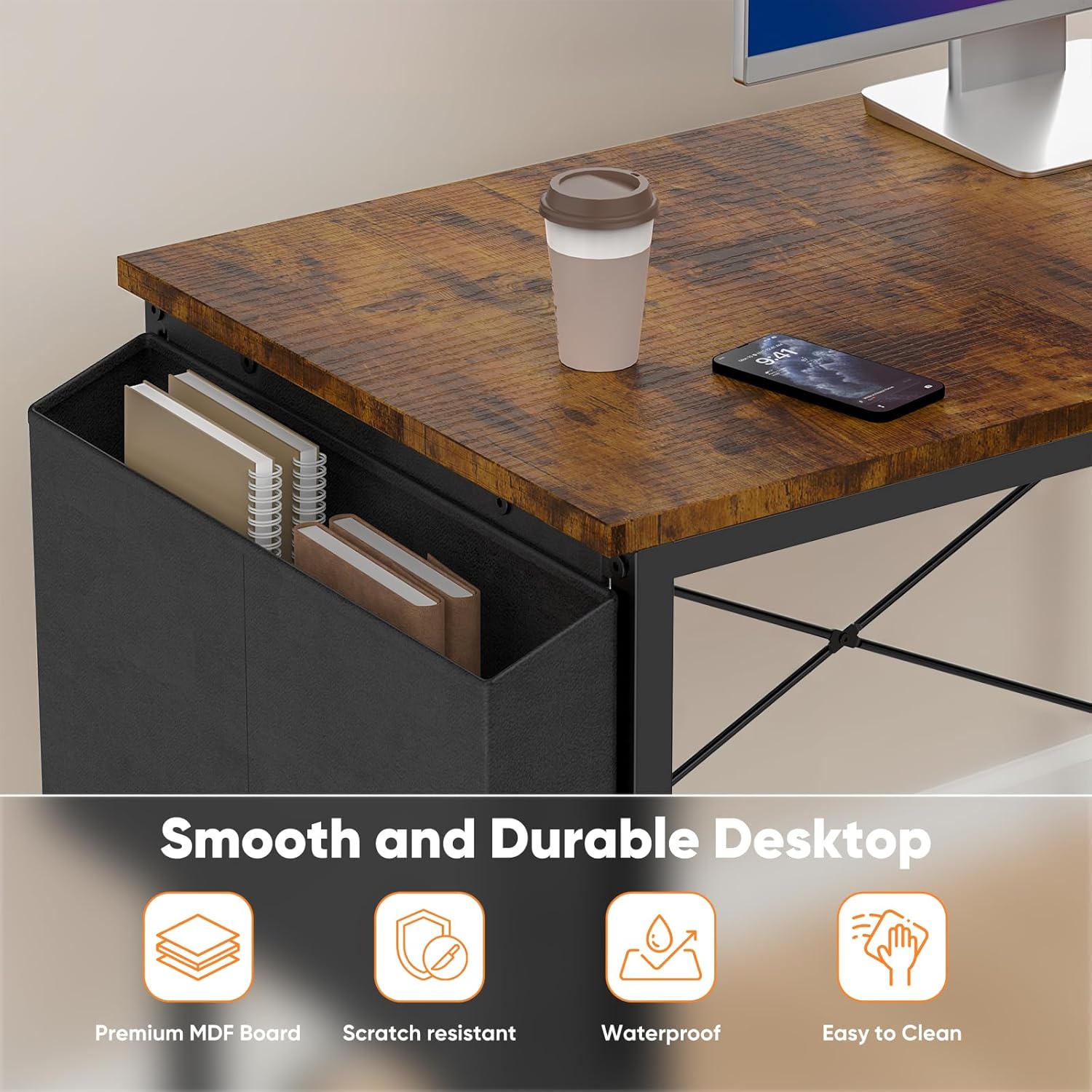 L Shaped Desk Corner Computer Table 47 Inch, L-Shaped Gaming Desks with Storage Shelf Reversible, Wood Tables with Side Bag Adjustable Feet for 2 Monitors Small Space Home Office Bedroom, Brown