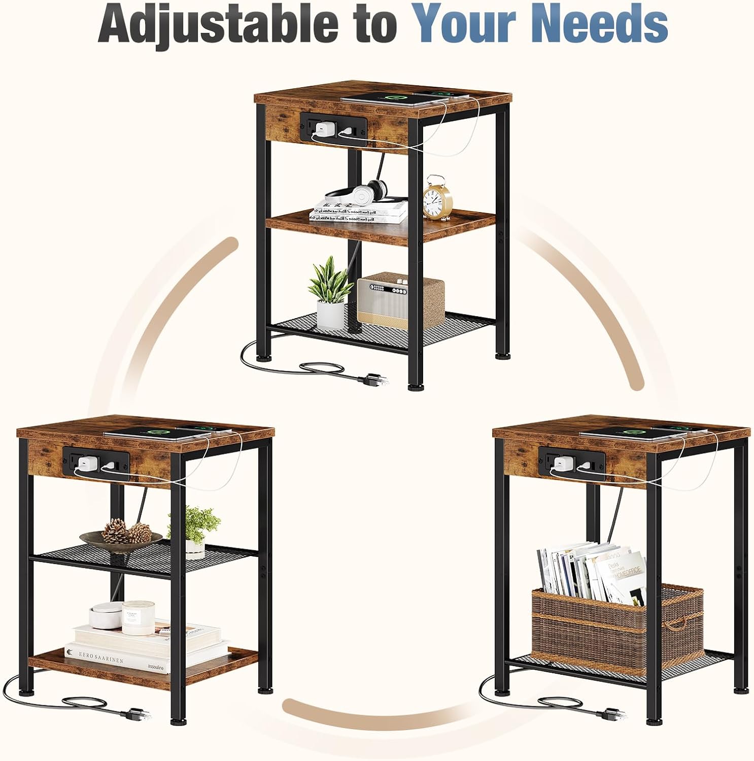 15.7 Small Side Table with Charging Station, End Table with Outlets & USB Ports, 3-Tier Adjustable Storage Nightstand for Living Room, Bedroom, Small Spaces, Record Player Stand, Rustic Brown