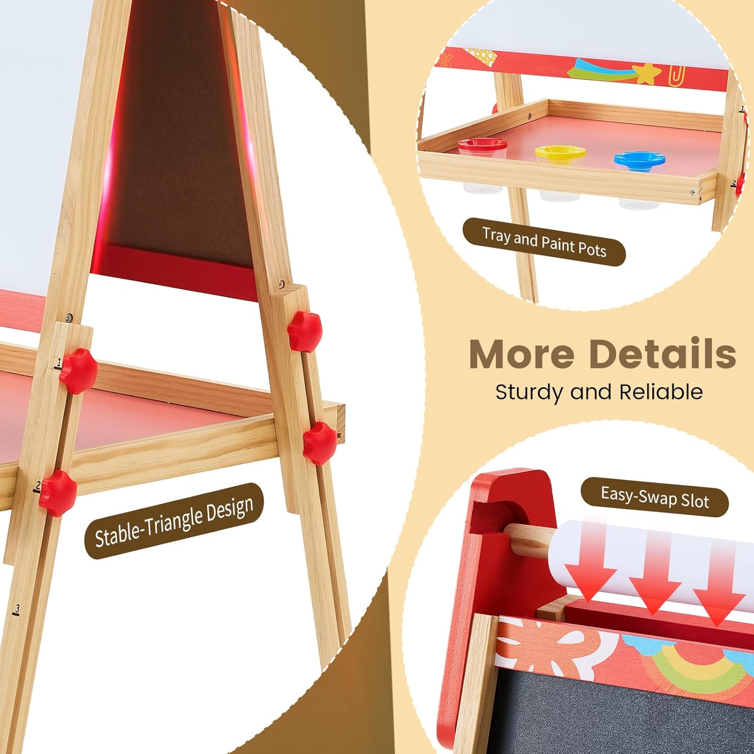 Kids Easel Set with Paper Roll, Adjustable Height Double-Sided Magnetic Chalkboard & Whiteboard Art Station for Ages 3+, Dry Erase Board, Gift for Girls and Boys, Red