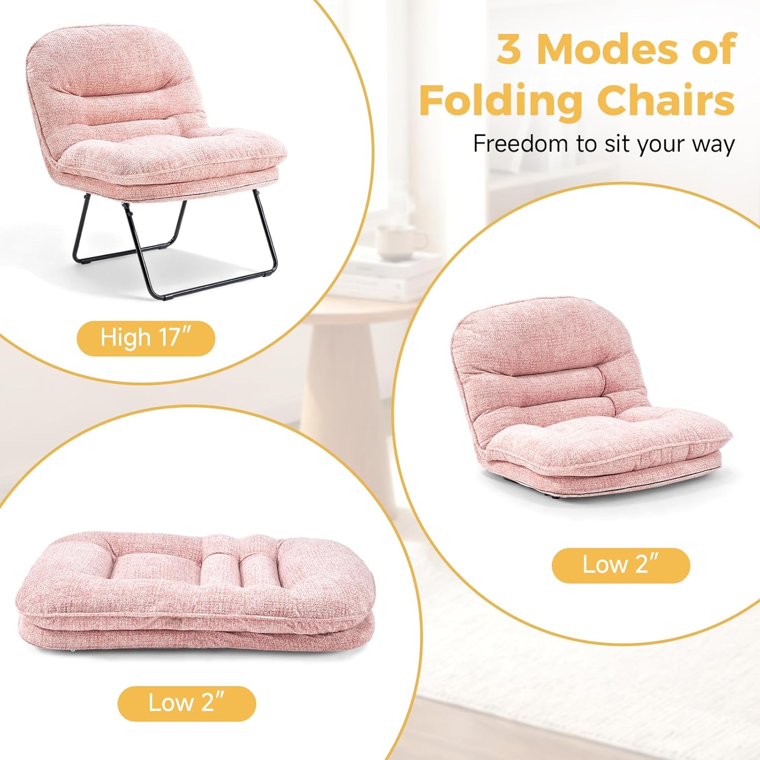 Comfy Saucer Chair,Foldable Padded Chairs for Bedroom, Dorm & Gaming, Foldable Fashion Floor Chair with Back Support for Small Spaces,Dark Pink