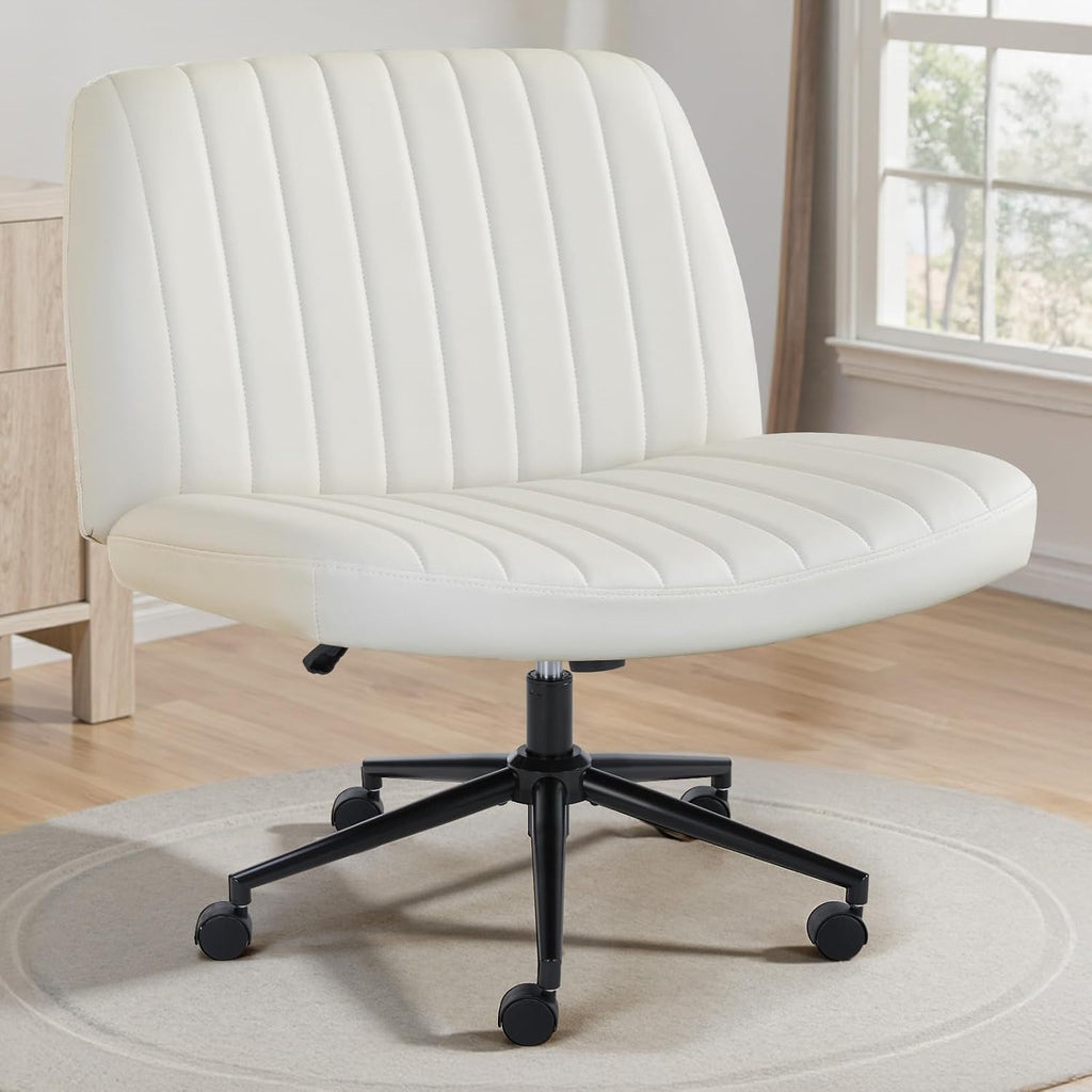 Criss Cross Chair with Wheels Wide Cross Legged Office Desk Vanity Chair Comfy Fabric Armless Adjustable Swivel for Home Computer Task PU Black