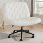 Criss Cross Chair with Wheels Wide Cross Legged Office Desk Vanity Chair Comfy Fabric Armless Adjustable Swivel for Home Computer Task PU Black