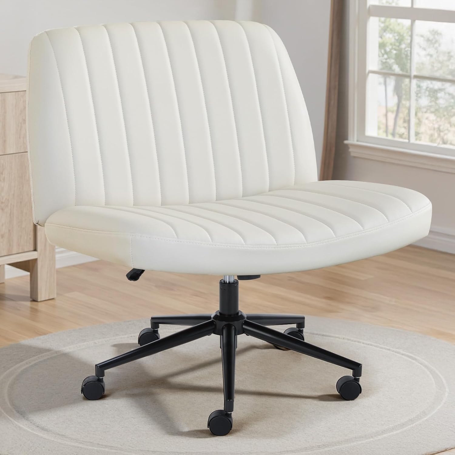Criss Cross Chair with Wheels Wide Cross Legged Office Desk Vanity Chair Comfy Fabric Armless Adjustable Swivel for Home Computer Task PU Black