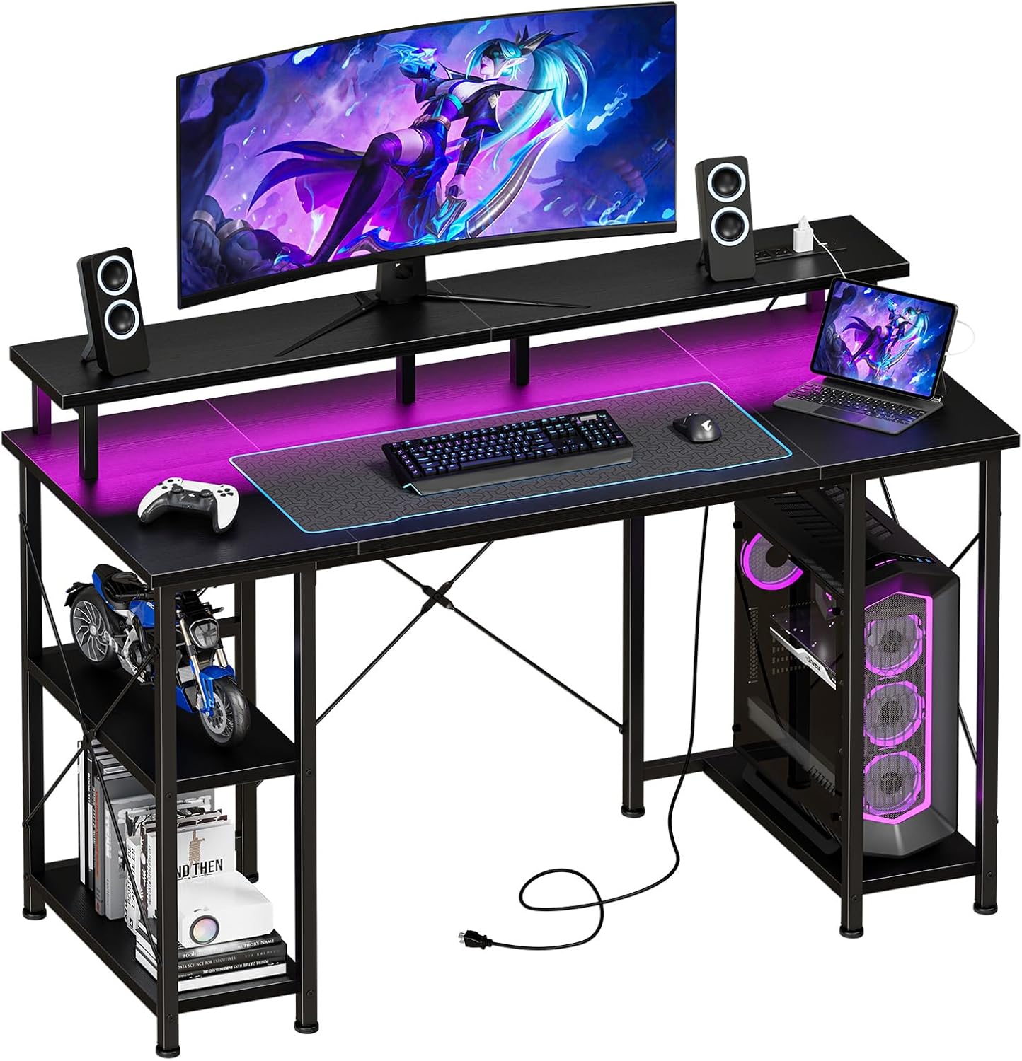 L Shaped Gaming Desk with Shelves Storage Drawers 58'', Black Computer Desks with LED Lights Power Outlets, Office Wood Table with PC Stand Cable Management for Bedroom Dual Monitor Streaming