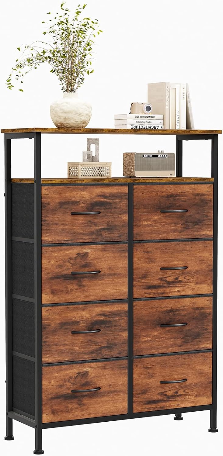 TV Stand, Dresser with 8 Fabric Drawers, Spacious Storage Tower for Closet, TV Stand with Wood Top and Mental Frame, Storage Unit for Living Rooms, Bedroom and Entryway, White