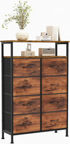 TV Stand, Dresser with 8 Fabric Drawers, Spacious Storage Tower for Closet, TV Stand with Wood Top and Mental Frame, Storage Unit for Living Rooms, Bedroom and Entryway, Black