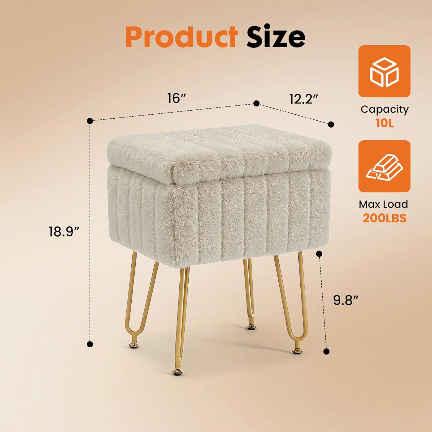 Vanity Stool Chair with Storage, Small Ottoman Faux Fur Soft Padded Footstools Seat with 4 Metal Legs Anti-Slip Adjustable Feet Modern Footrest for Home Entryway Bedroom Makeup Camel