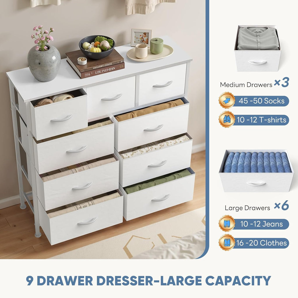 9 Drawer Dresser for Bedroom, Fabric Storage Organizer with Sturdy Metal Frame, Wooden Top Chest of Drawers for Closet Entryway Guest Room,White