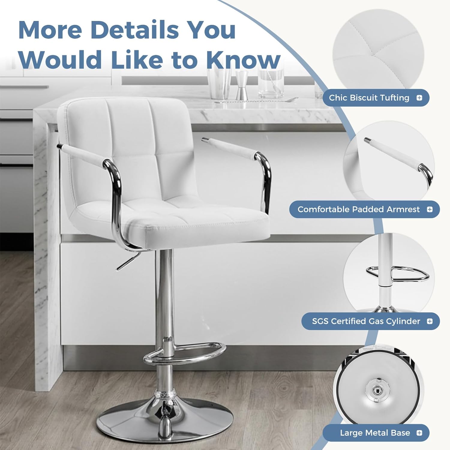 Bar Stools Set of 4, Adjustable Swivel Bar Chairs with Padded Armrests and Ergonomic Backrest for Kitchen Island Counter Pub Dining Room, Water-Resistant PU Leather, White