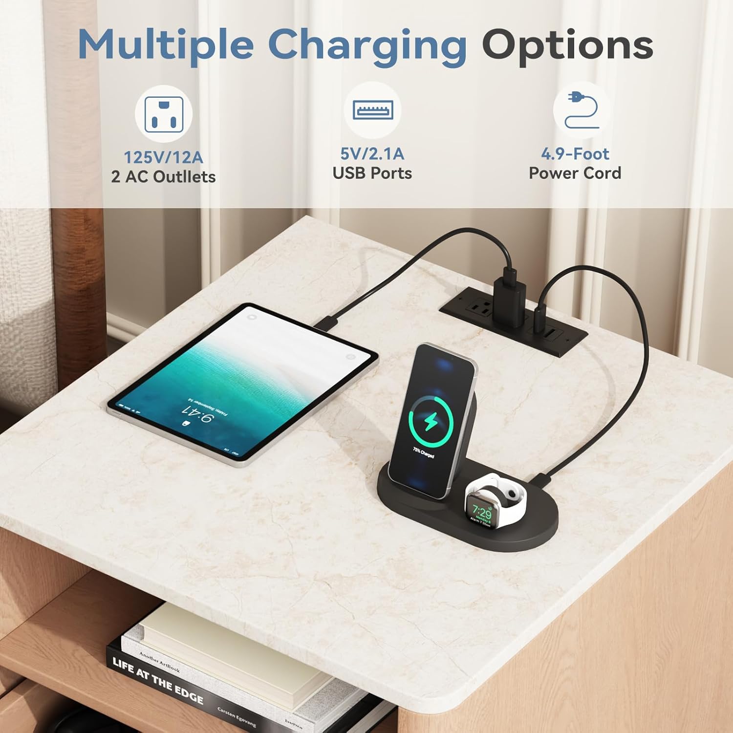 Night Stand Set of 2 with Charging Station, 18 Bedside Table with 2 Drawers, Modern Fluted Wood End Table with 2 AC Outlet 1 USB 1 Type-C, Mid Century Nightstand for Bedroom
