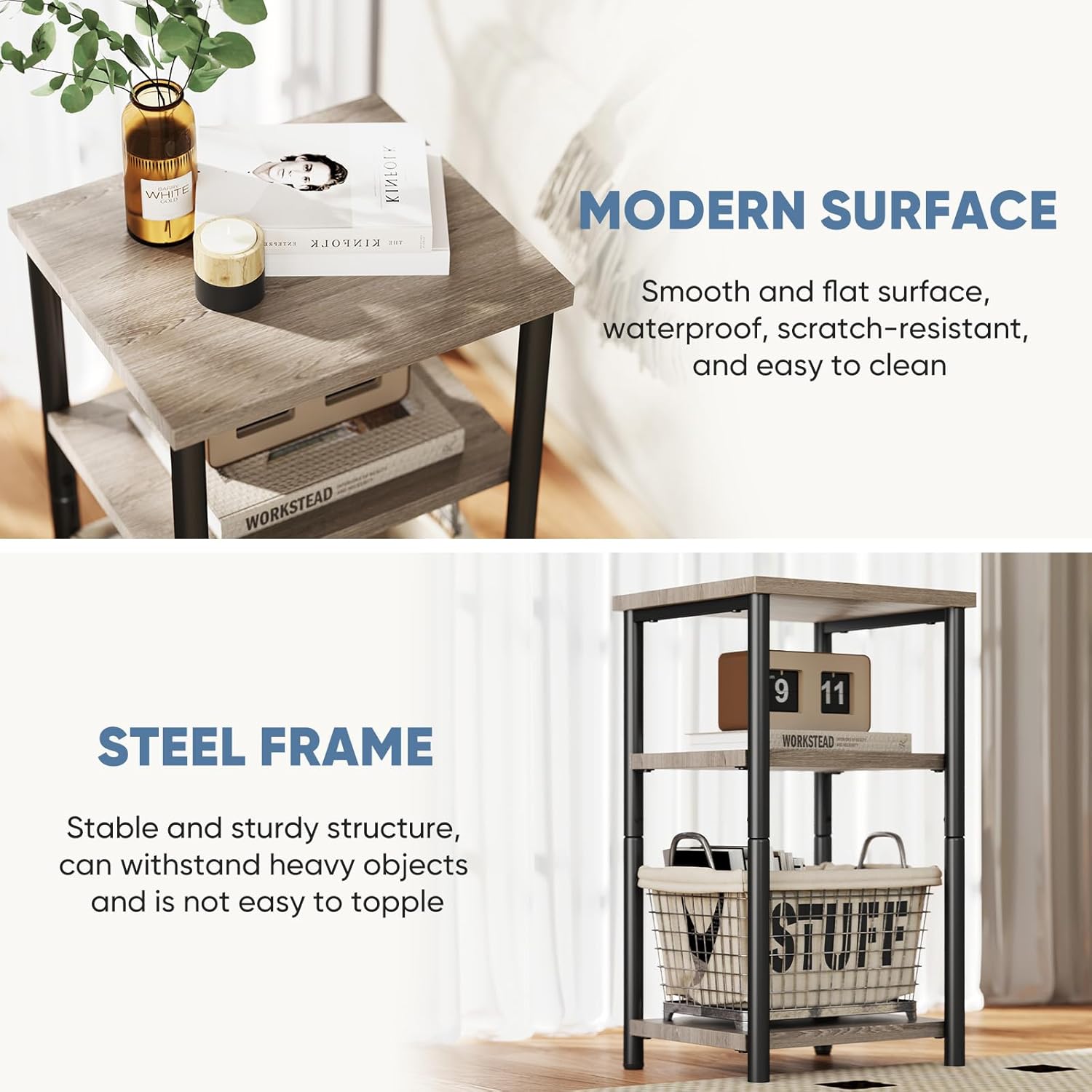 3 Tier End Table for Small Space, Side Sofa Tables Storage Shelf, Nightstand with Adjustable Feet for Living Room, Bedroom, Office, Set of 2, Oak Grey