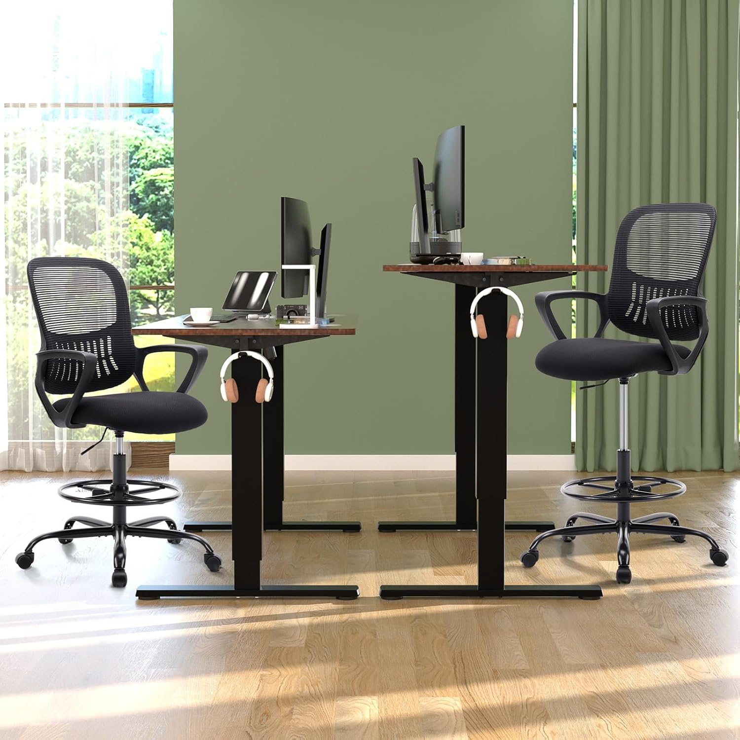 Drafting Chair - Counter Height Adjustable Tall Office Desk Chair with Fixed Armrests and Comfortable Lumbar Support for Standing Desk, Deep Black