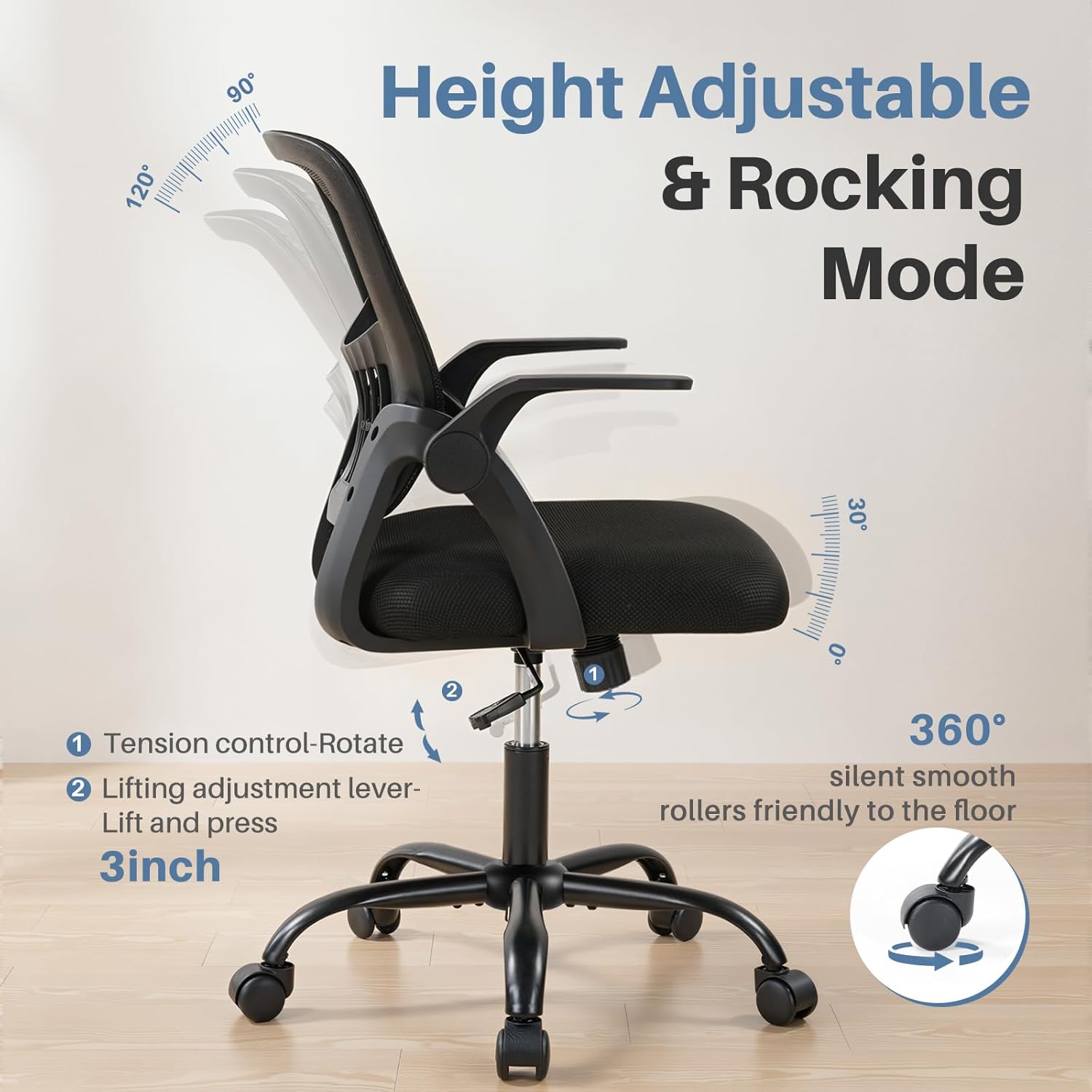 Home Office Desk Chair - Ergonomic Computer Mesh Chair with Lumbar Support & Rocking Mode, Height Adjustable, Flip-up Armrest, for Conference, Meeting Room, 360?? Swivel, Adults, Black