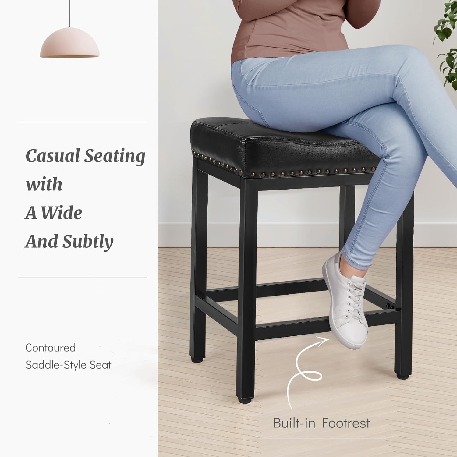 24 Inch Saddle Bar Stools Set of 4, Counter Height Stools with Curved PU Leather Surface, 3.7 Thick Upholstery Bar Height Stools with Footrest for Kitchen Island, Dining, Cafe, Classic Black