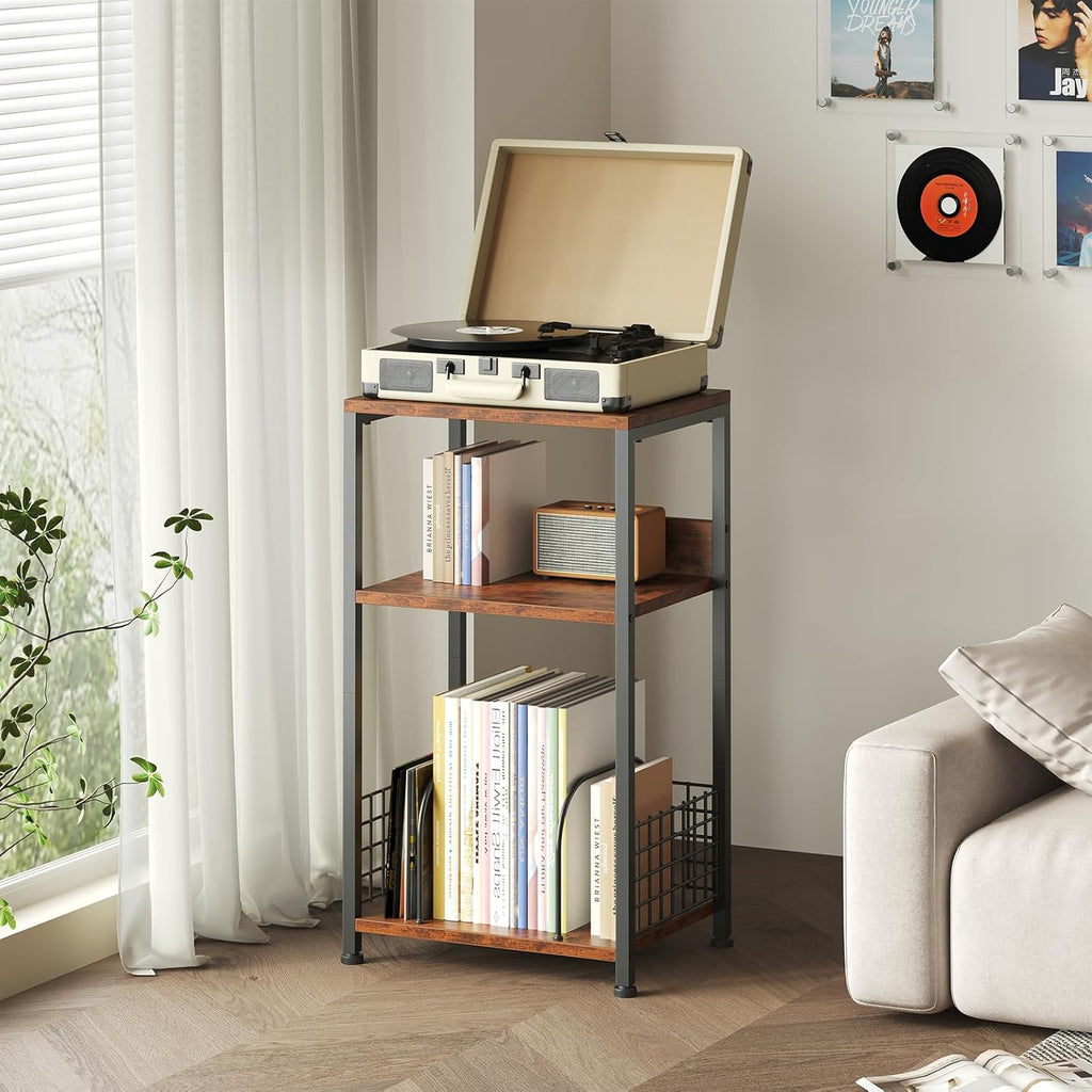 3 Tier Side Table, 2 Pack Record Player Stand with Storage Up to 100 Albums,Turntable Stand for Vinyl,Brown Records Shelf for Living Room Bedroom