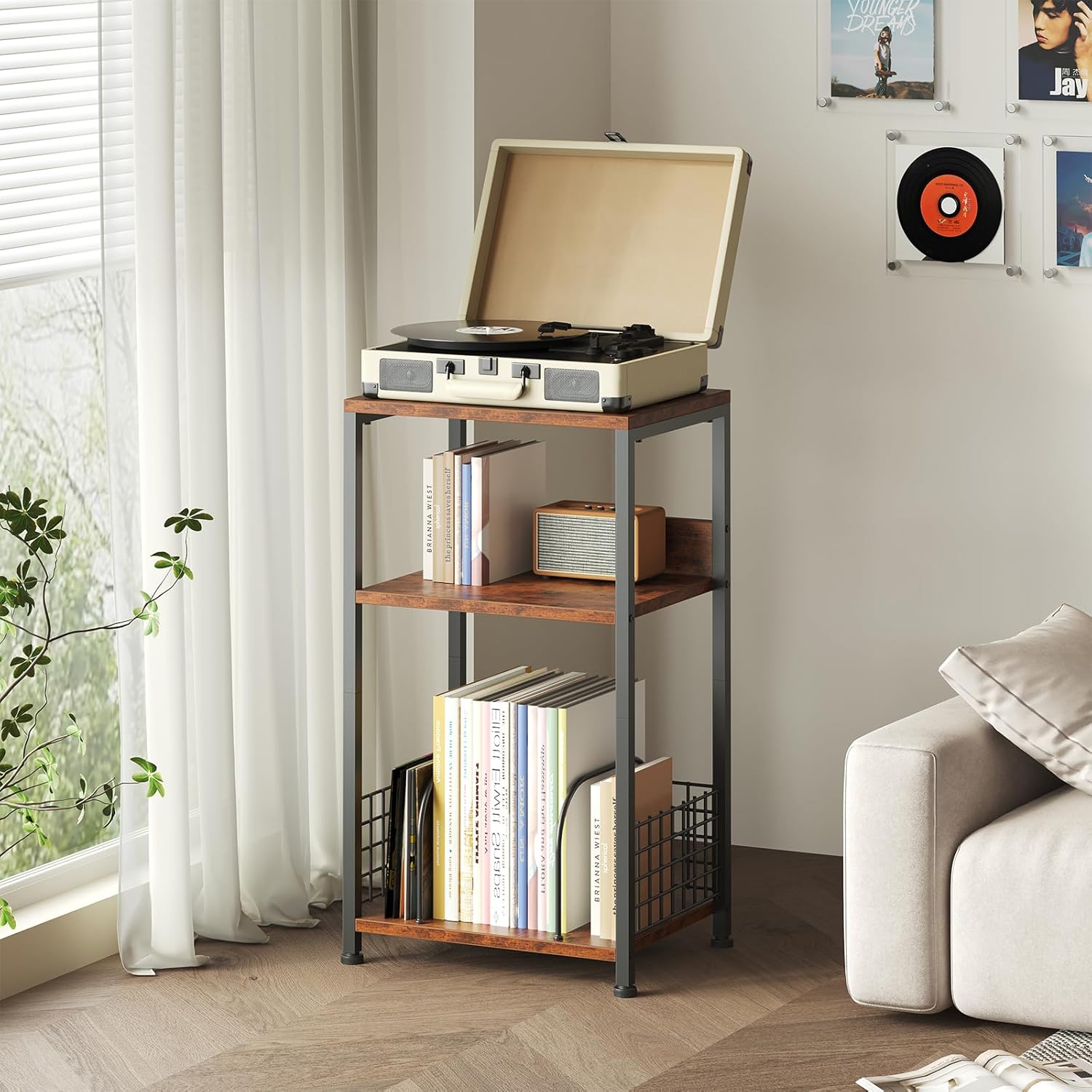 3 Tier Side Table, 2 Pack Record Player Stand with Storage Up to 100 Albums,Turntable Stand for Vinyl,Brown Records Shelf for Living Room Bedroom