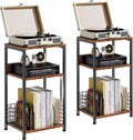 3 Tier Side Table, 2 Pack Record Player Stand with Storage Up to 100 Albums,Turntable Stand for Vinyl,Brown Records Shelf for Living Room Bedroom