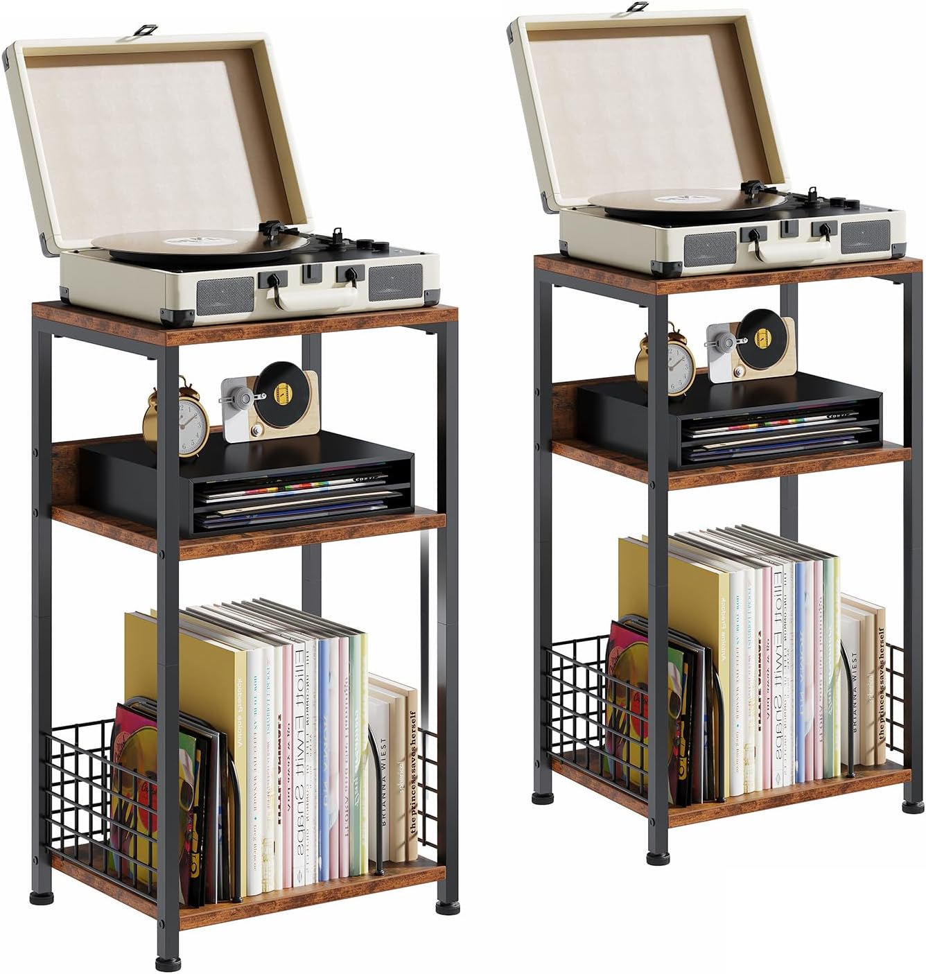 3 Tier Side Table, 2 Pack Record Player Stand with Storage Up to 100 Albums,Turntable Stand for Vinyl, White Records Shelf for Living Room Bedroom